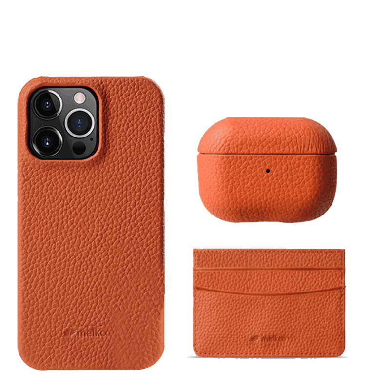 iPhone 13 Pro - Airpod Pro 2 - Orange Leather Case Gift Set With Wallet