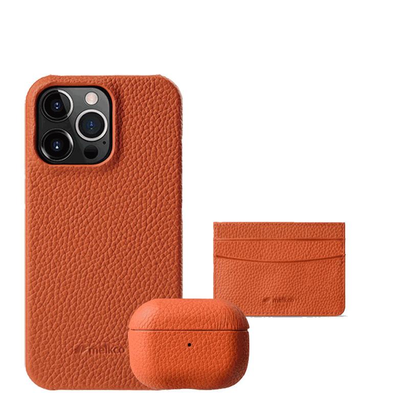 iPhone 13 Pro - Airpod Pro 2 - Orange Leather Case Gift Set With Wallet