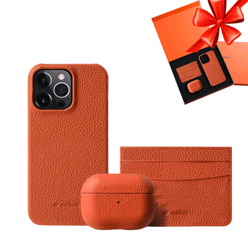 iPhone 13 Pro Max - Airpod 3 - Orange Leather Case Gift Set With Wallet