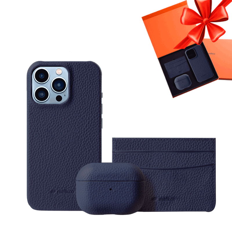 iPhone 13 Pro Max - Airpod Pro - Dark Blue Leather Case Gift Set With Wallet