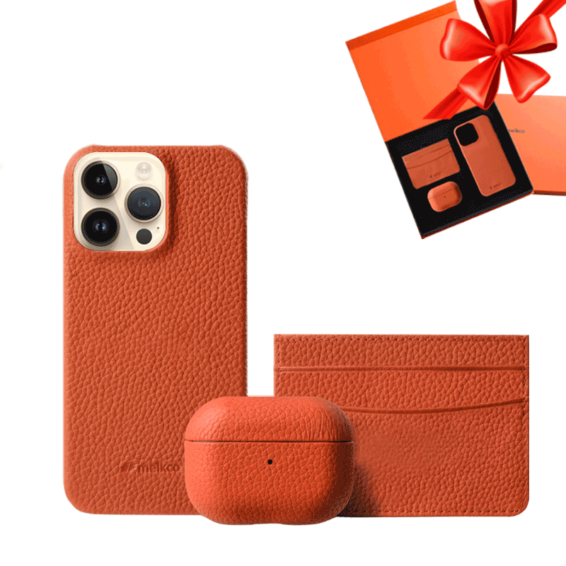 iPhone 14 Pro - Airpod 3 - Orange Leather Case Gift Set With Wallet