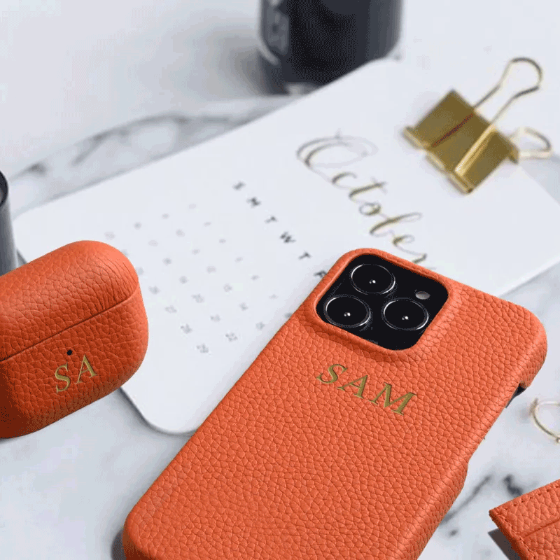 iPhone 14 Pro - Airpod 3 - Orange Leather Case Gift Set With Wallet