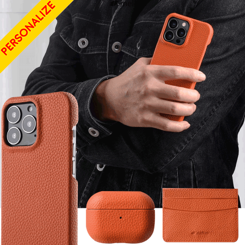 iPhone 14 Pro - Airpod Pro - Orange Leather Case Gift Set With Wallet