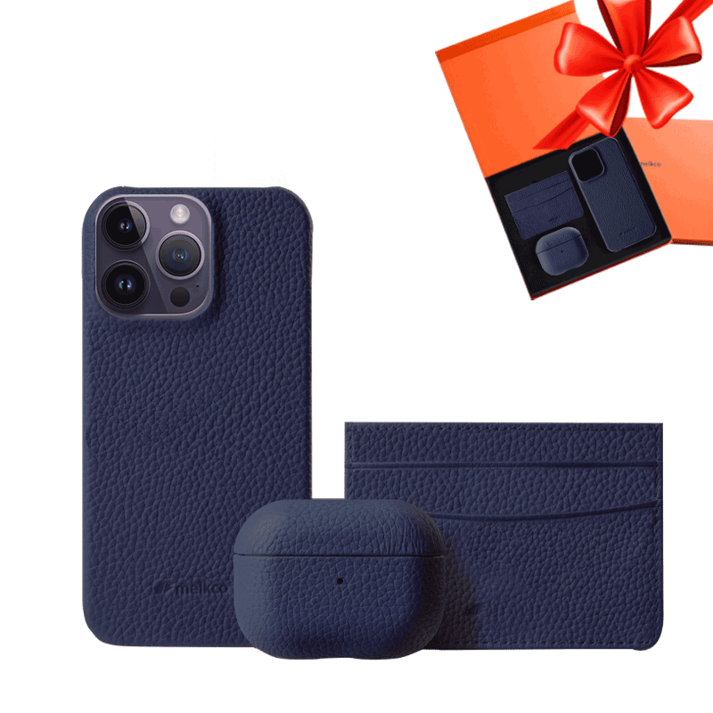 iPhone 14 Pro Max - Airpod Pro - Dark Blue Leather Case Gift Set With Wallet