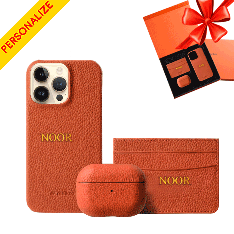 iPhone 14 Pro Max - Airpod Pro - Orange Leather Case Gift Set With Wallet