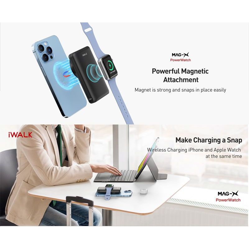 iWALK Mag-X Magnetic Wireless Power Bank With Apple Watch Charging Port - Wireless / 10000mAh / Black