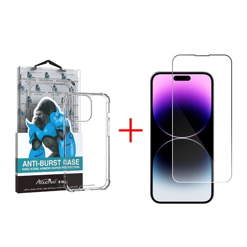 King Kong Anti Burst Clear Case + Tempered Glass Screen Protector / Apple iPhone 14 Pro - Bundle Offer