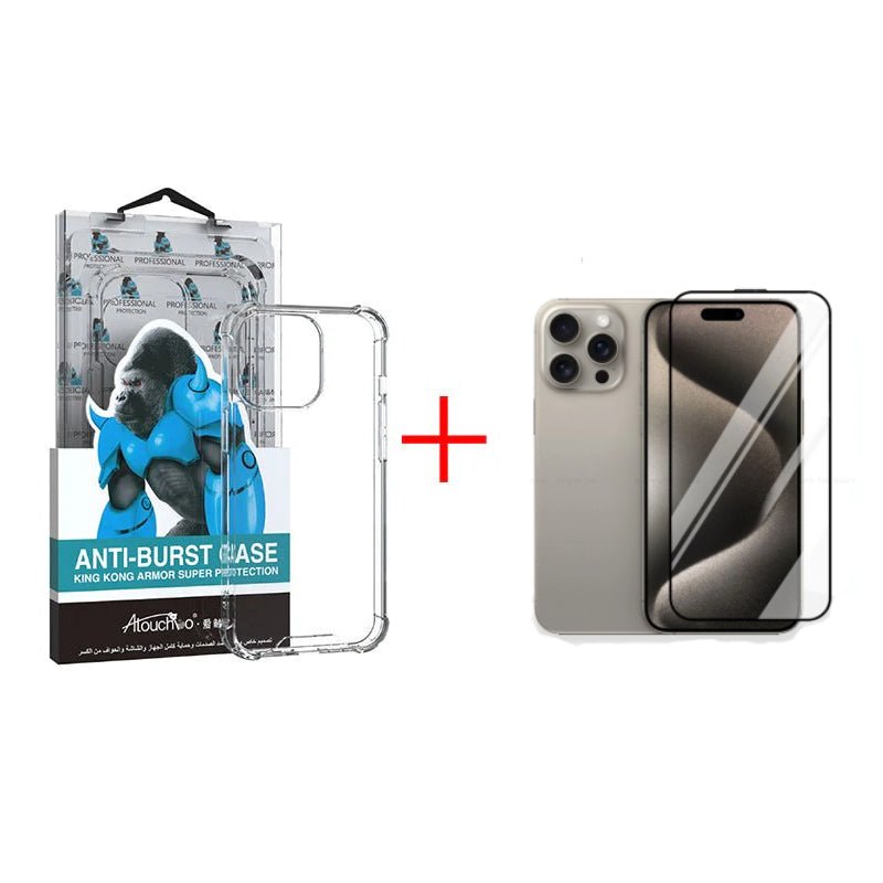King Kong Anti Burst Clear Case + Tempered Glass Screen Protector / Apple iPhone 15 Pro Max - Bundle Offer