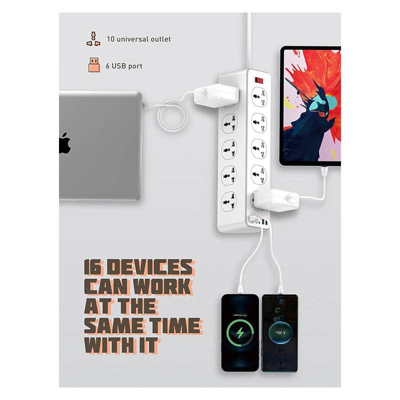 Ldnio 10 Outlet Power Socket - 10 Way / USB-C / 2 Meters / White