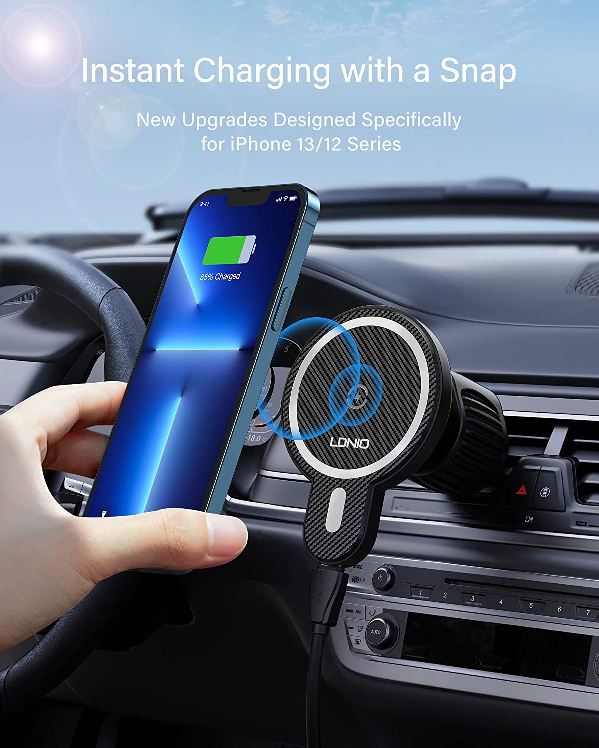 LDNIO 15W Magnetic Electric 2 In 1 Wireless Charger & Car Holder - Black (MA20)