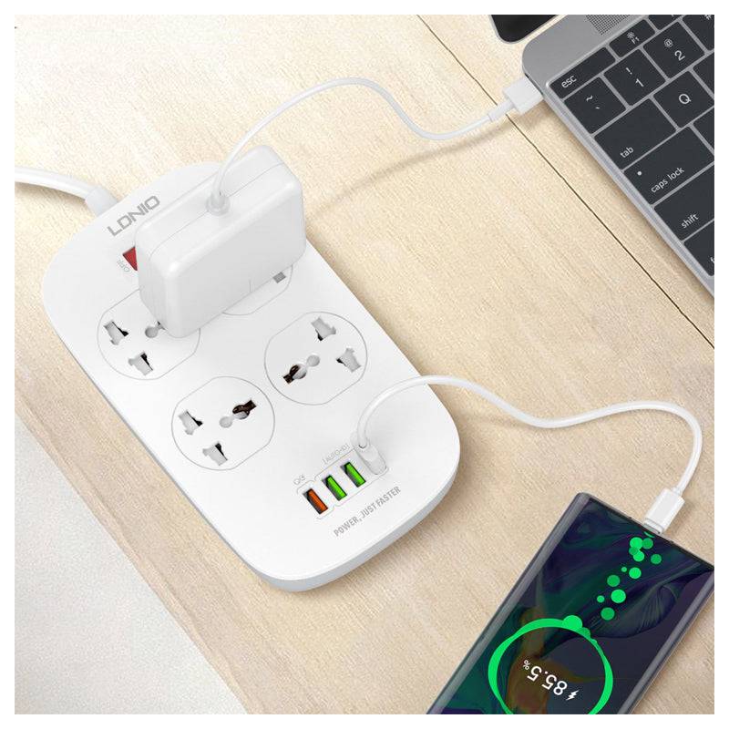 Ldnio 4 Extension Power Socket - 4 Way / USB / 2 Meters / White