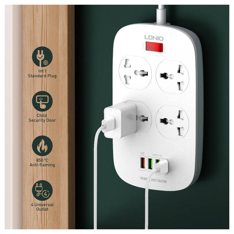 Ldnio 4 Extension Power Socket - 4 Way / USB / 2 Meters / White