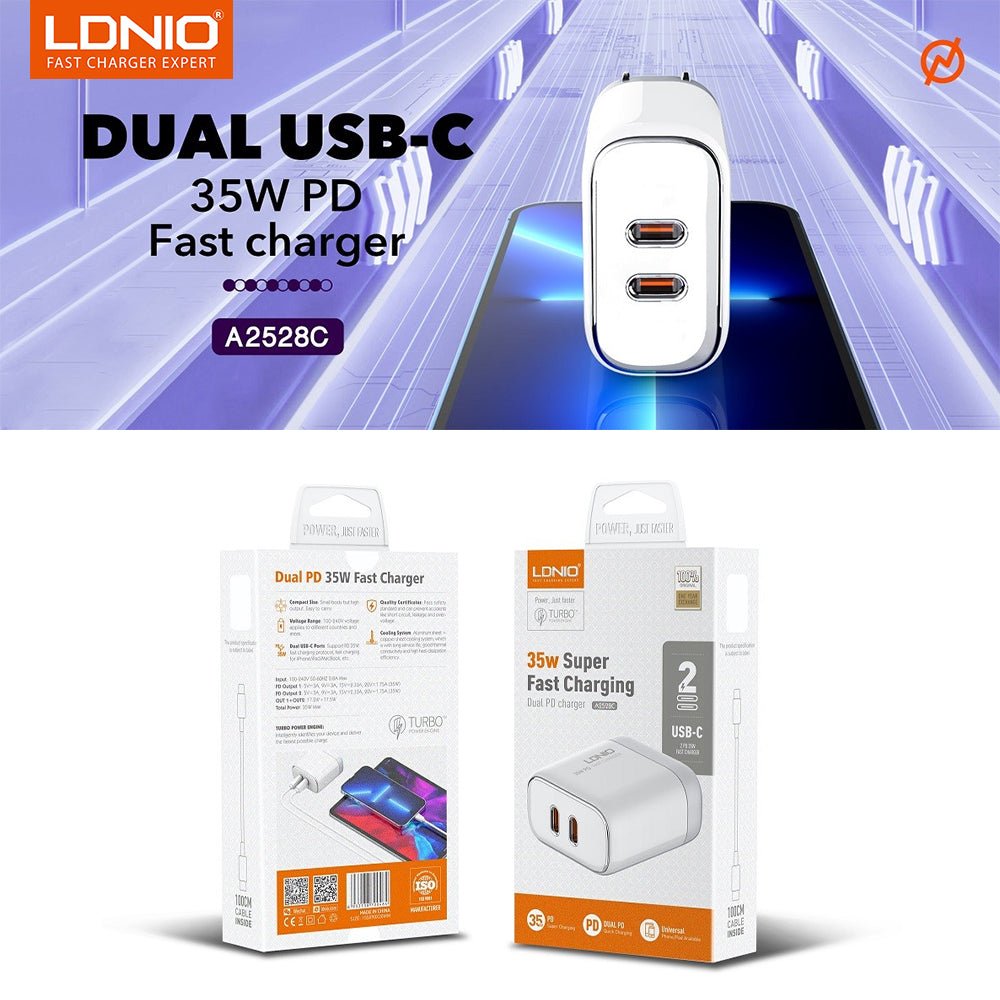 LDNIO Dual Super Fast Charging Adaptor with Cable - 35W / USB-C / White