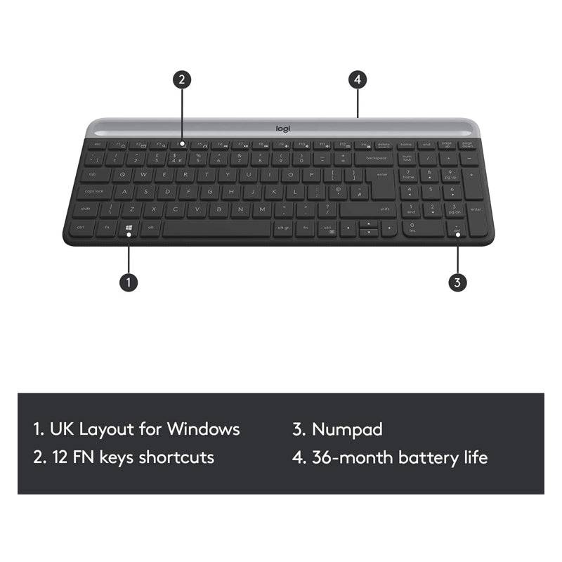 Logitech MK470 Slim Wireless Combo - 2.40GHz / Up to 10m / Nano USB Wireless Receiver / Graphite - Keyboard & Mouse Combo