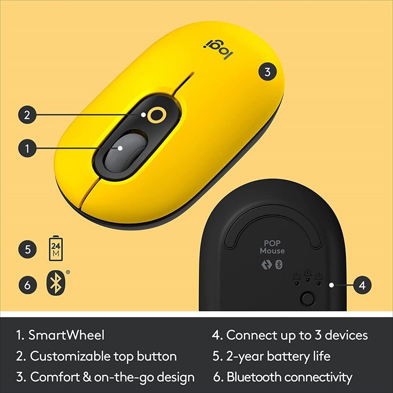 Logitech POP with Emoji Wireless/Bluetooth Mouse, Yellow