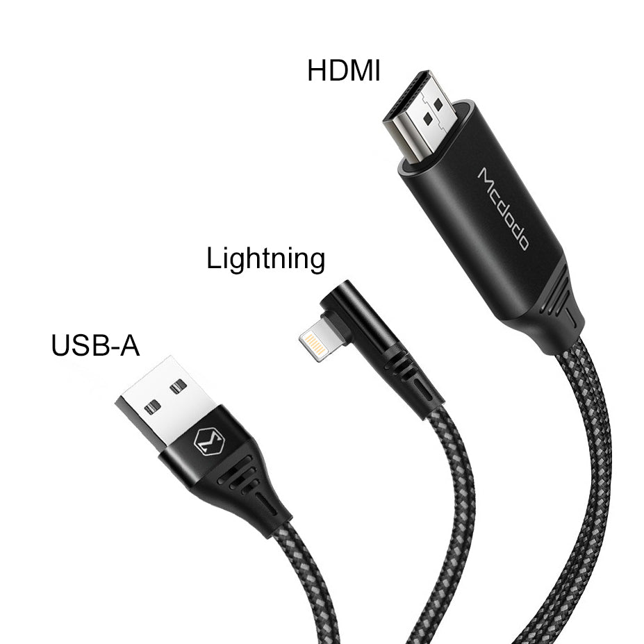 Mcdodo 90 Degree 4K HD Adapter TV Cable - USB / Lightning / HDMI / 2 Meter / Black