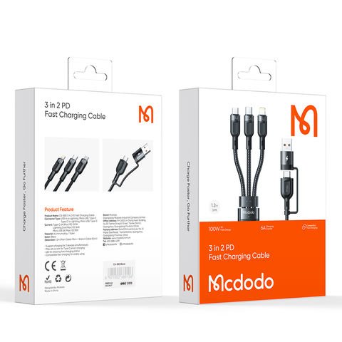 Mcdodo Ca-8800 Multifunction Data Cable - 2 In 3 PD USB-C / USB-A / Lightning / 1.2 Meters / Black