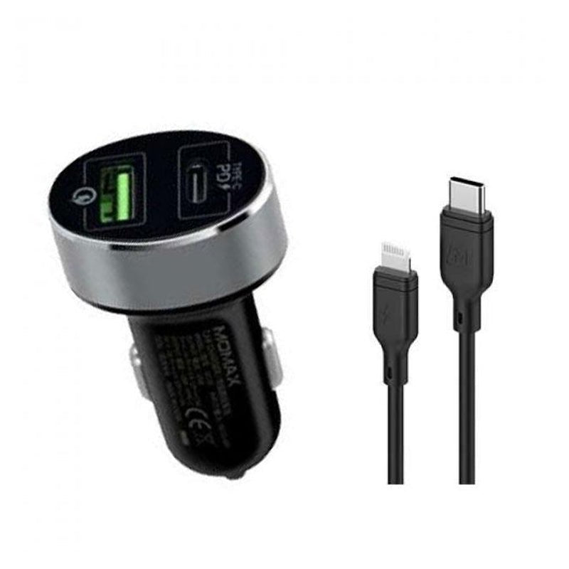 Momax 2in1 USB-C PD Car Fast Charger With Lightning Cable - 20W / USB-C / Black