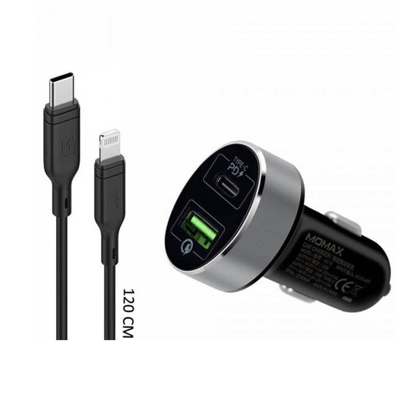 Momax 2in1 USB-C PD Car Fast Charger With Lightning Cable - 20W / USB-C / Black