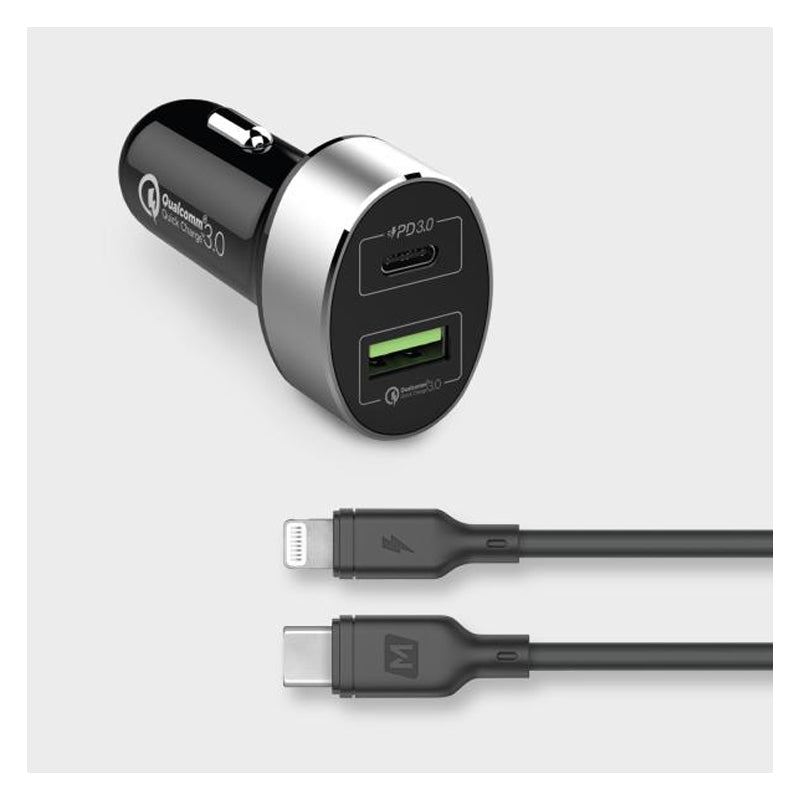 Momax 2in1 USB-C PD Car Fast Charger With Lightning Cable - 20W / USB-C / Black