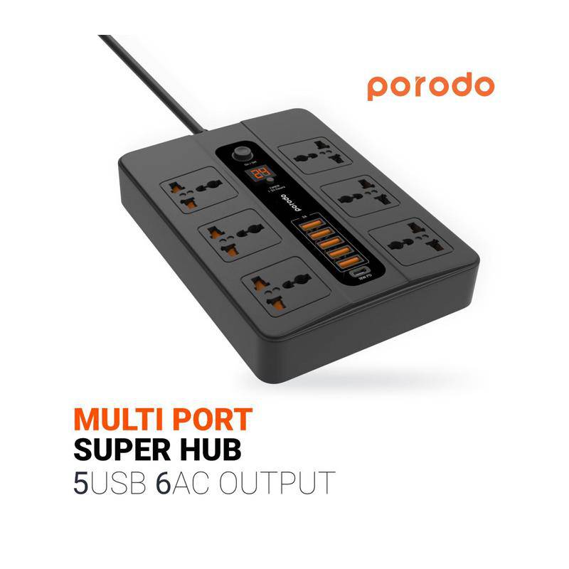 Porodo Multi Port Super Hub Socket - 6 Socket / USB-C / Black - Pack of 2