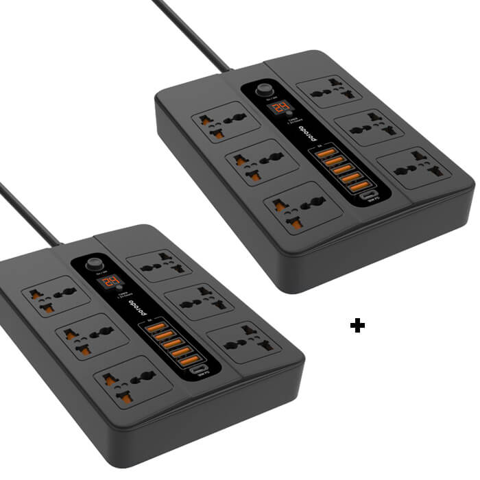Porodo Multi Port Super Hub Socket - 6 Socket / USB-C / Black - Pack of 2