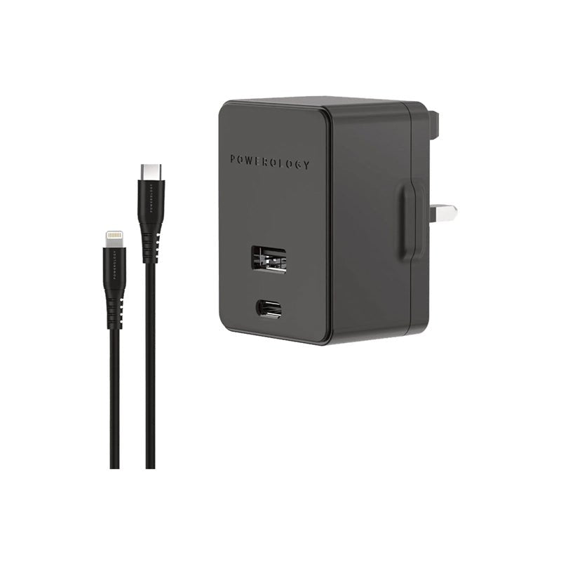 Powerology Ultra-Quick 32W PD Wall Charger With Cable - USB-C / USB-A / 32W / Black