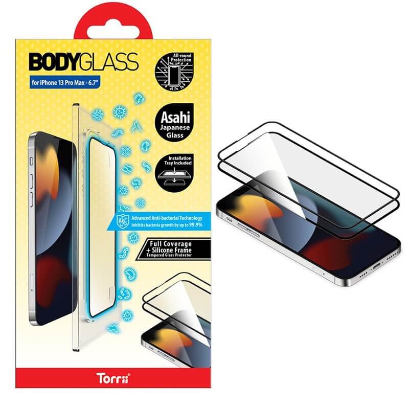 Torrii Bodyglass Full Coverage + Silicon Frame Screen Protector - iPhone 13 Pro Max / Anti-bacterial Coating / Black