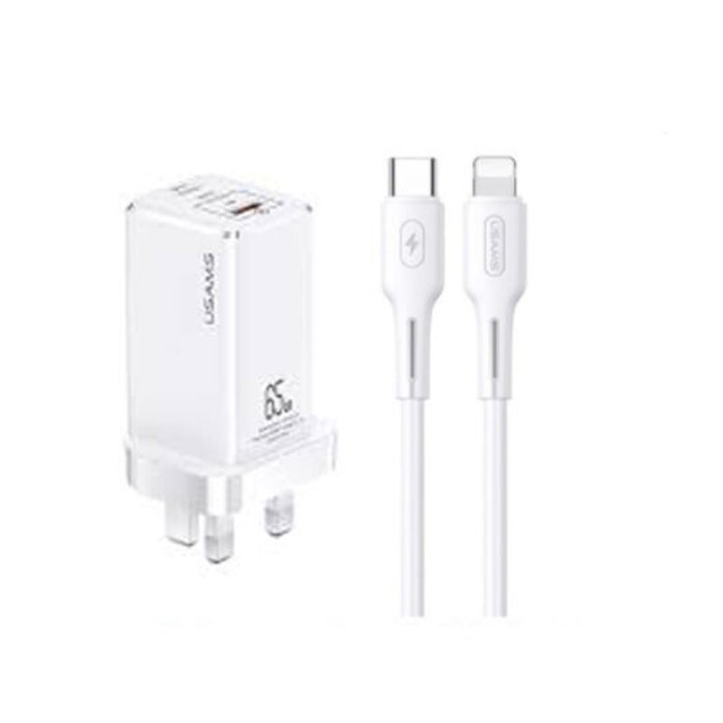 USAMS GAN 65W USB-C Charger With Lightning Cable - 65W / USB-C / USB-A / White