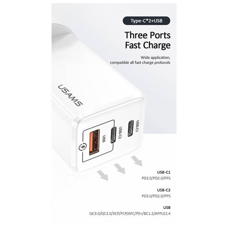 USAMS GAN 65W USB-C Charger With Lightning Cable - 65W / USB-C / USB-A / White