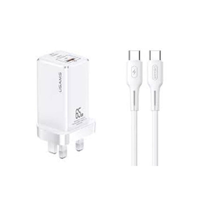 USAMS GAN 65W USB-C Charger With USB-C Cable - 65W / USB-C / USB-A / White