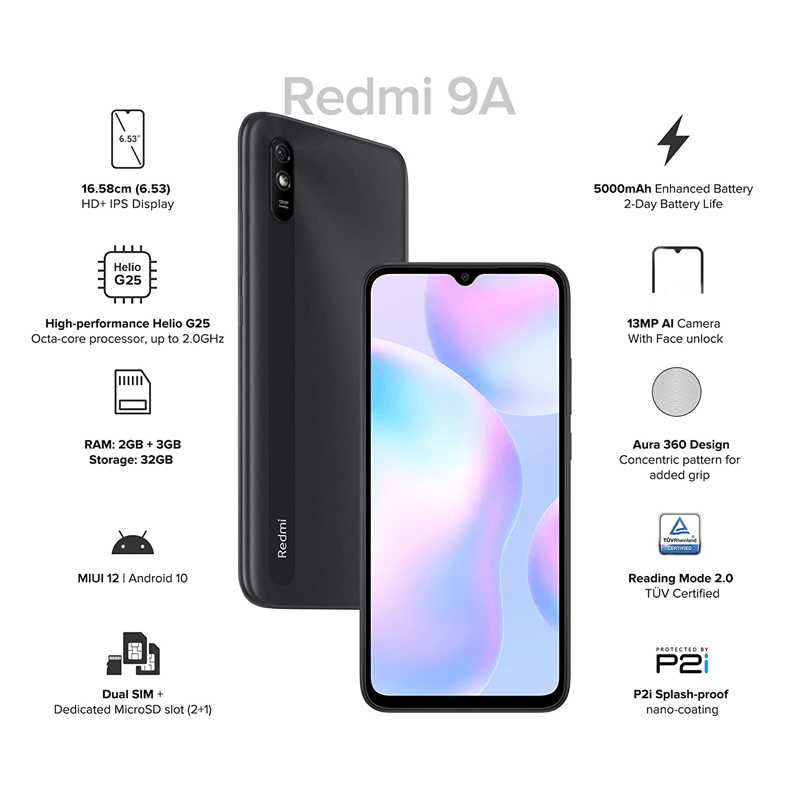 Xiaomi Redmi 9A - 32GB / 6.53" HD+ / 4G / Wi-Fi / Midnight Grey - Mobile