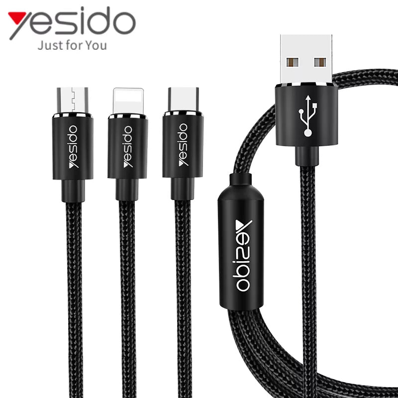 Yesido CA-60 3-in-1 Cable - Micro USB / Lightning / USB-C / Black