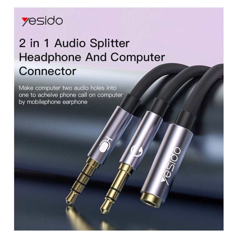 Yesido YAU-28 Audio Splitter - 2x 3.5mm Female / 1x 3.5mm Male / Black