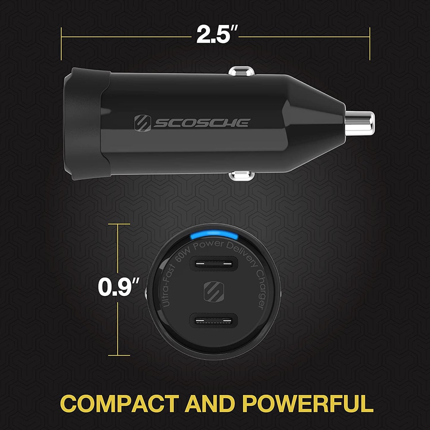 Scosche Powervolt Dual Fast Car Charger - 60W / USB-C / Black