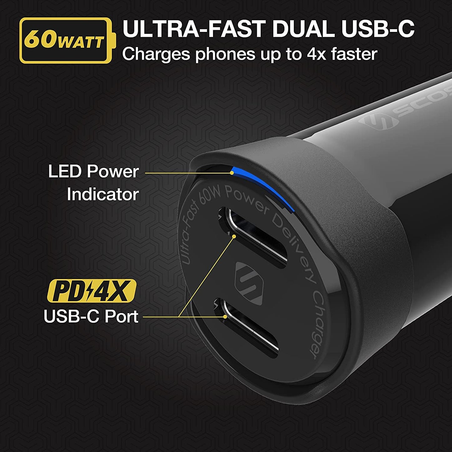 Scosche Powervolt Dual Fast Car Charger - 60W / USB-C / Black